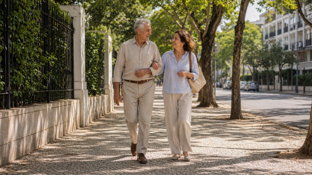 paciente caminhando com esposa na rua