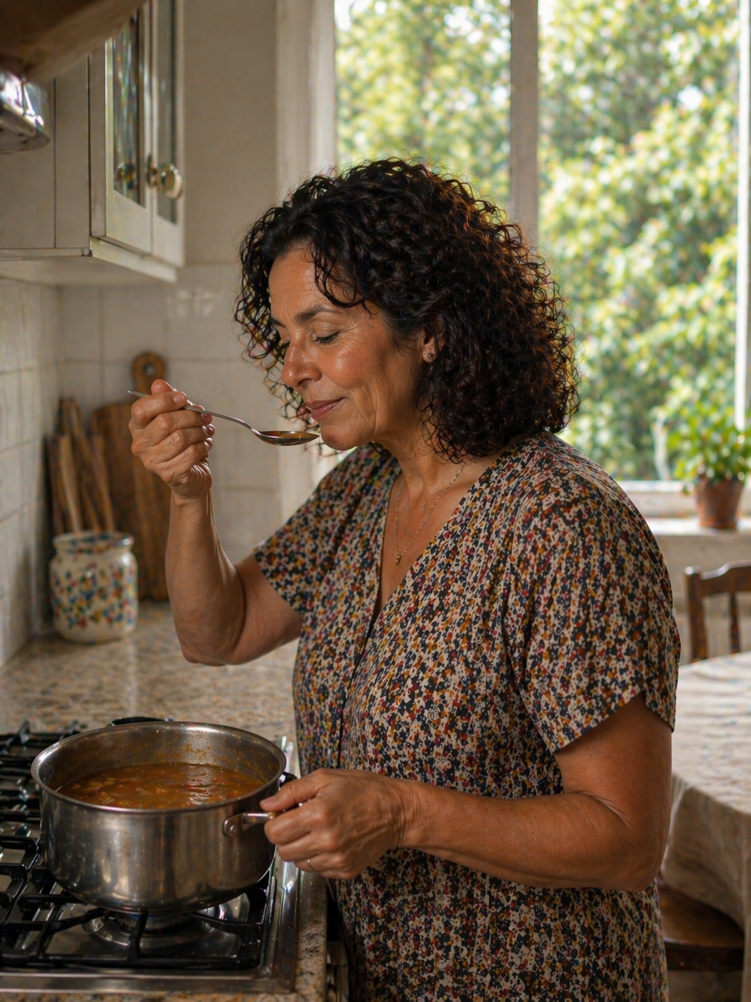 Senhora cozinhando com movimentos finos