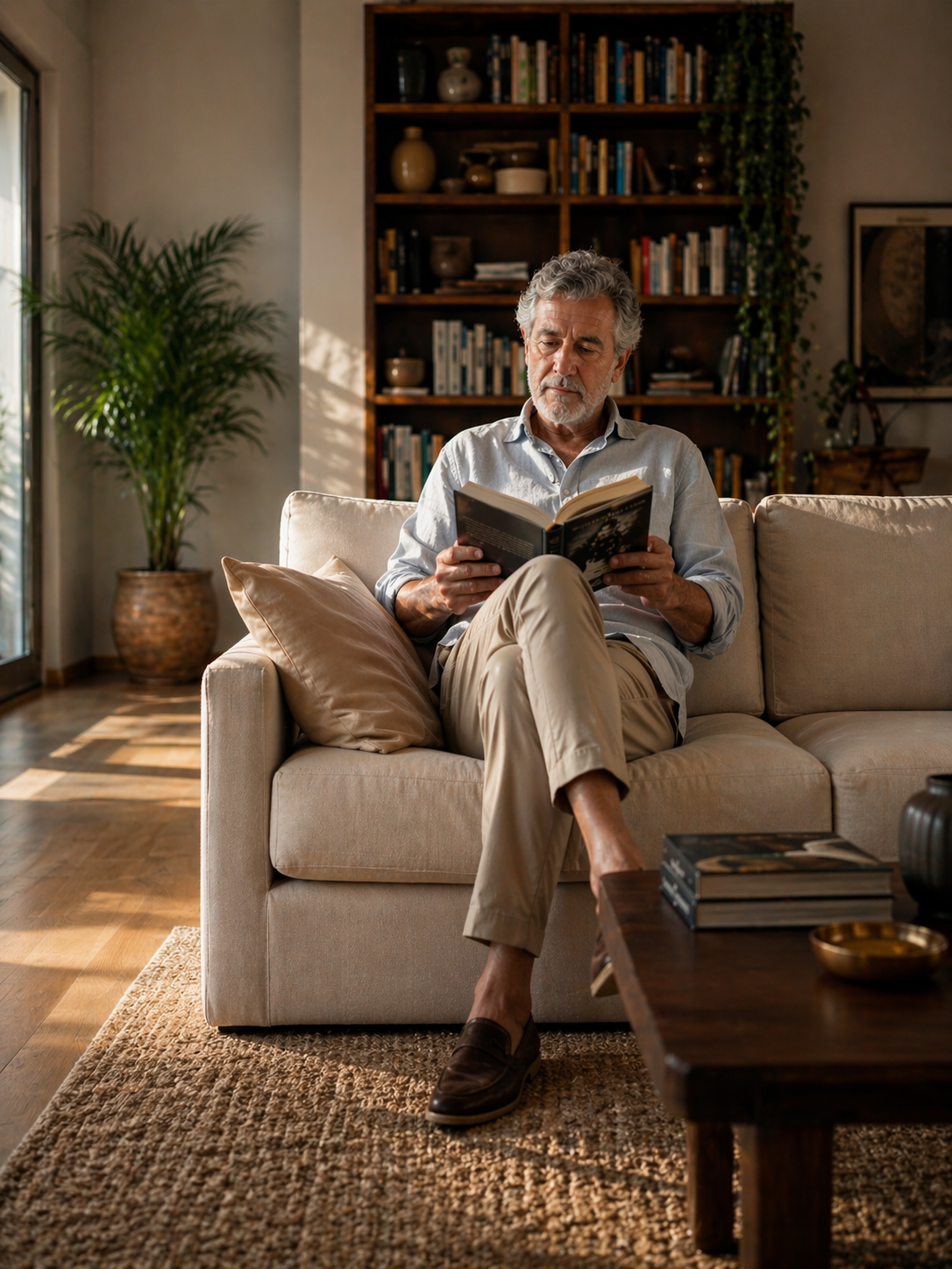 Idoso lendo sentado — qualidade de vida com Doença de Parkinson