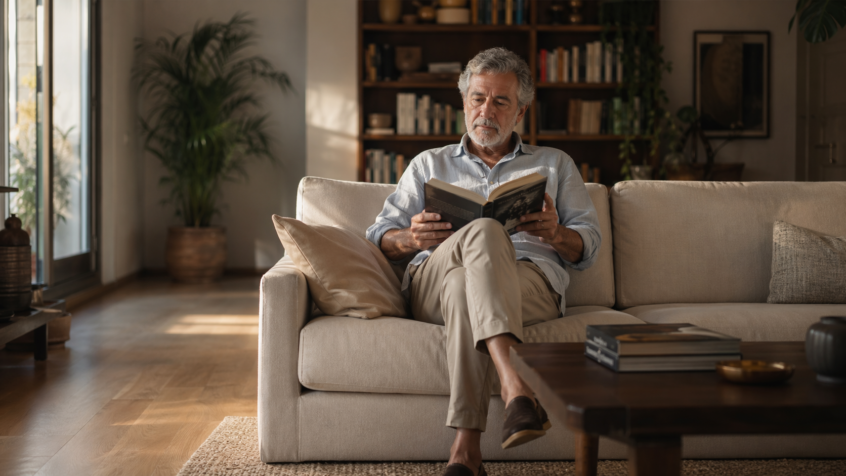 Idoso lendo sentado — qualidade de vida com Doença de Parkinson