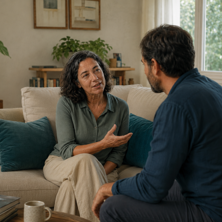 Mulher mais velha sentada no sofá conversando com um homem jovem ao seu lado. Ela fala com esforço visível, mas com expressão confiante — ele a escuta com atenção e sem pressa.